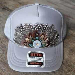 NWT Grey Custom OTTO Silver Grey Feather Crown Trucker Hat
